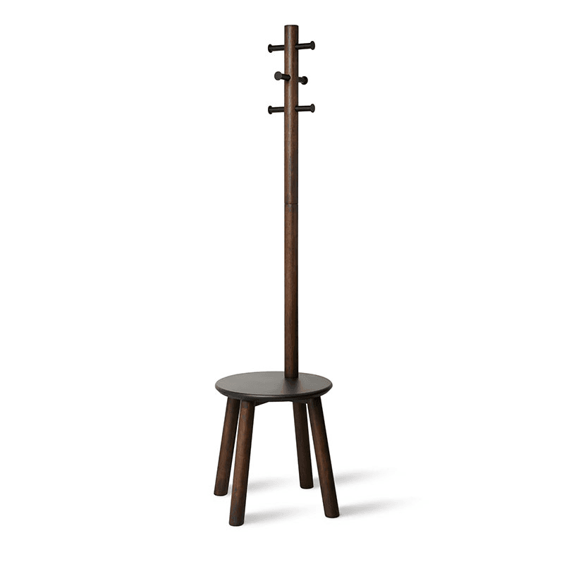 Pillar Coat Rack with Stool, H165cm, Black & Walnut