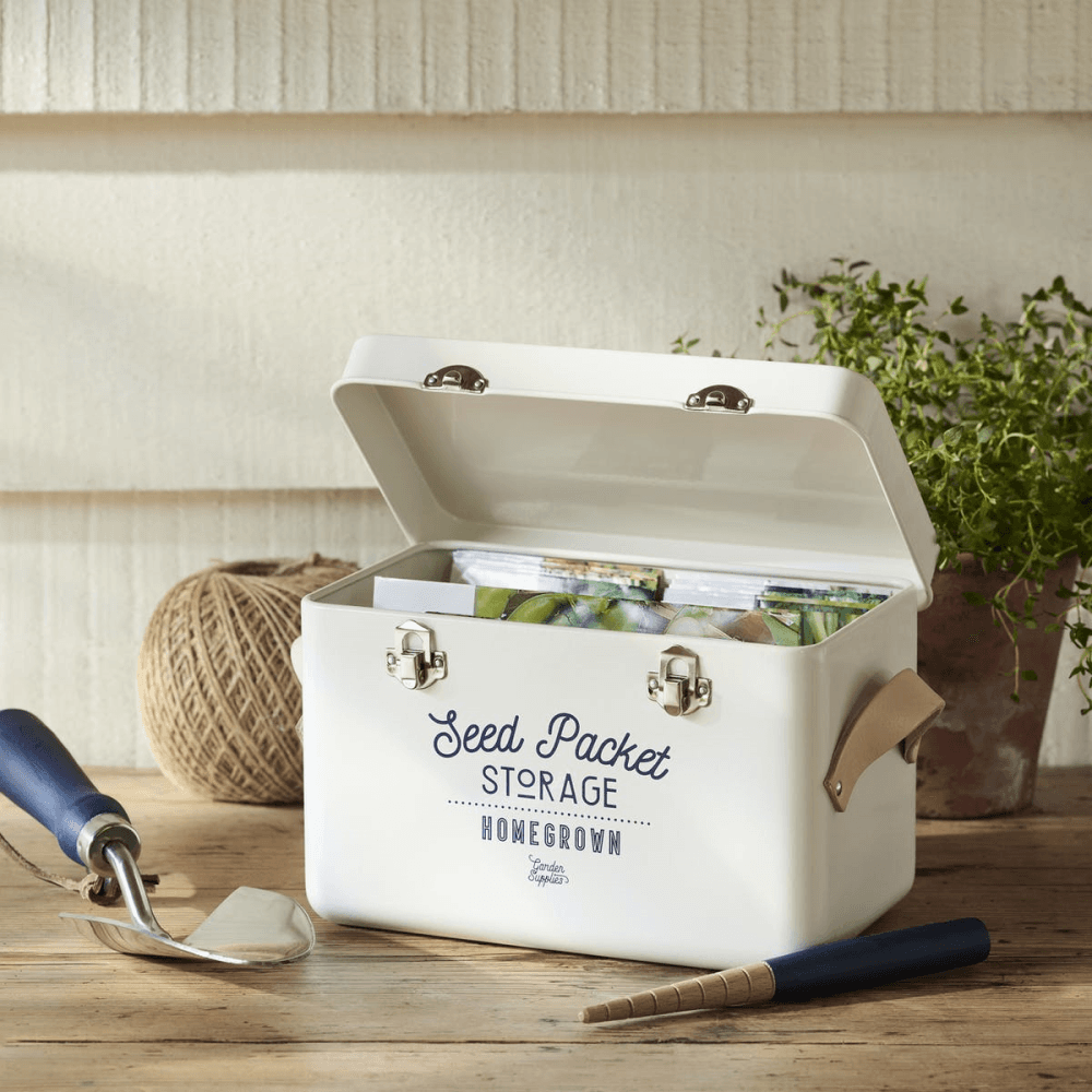 Leather Handled Seed Packet Storage Tin, Cream