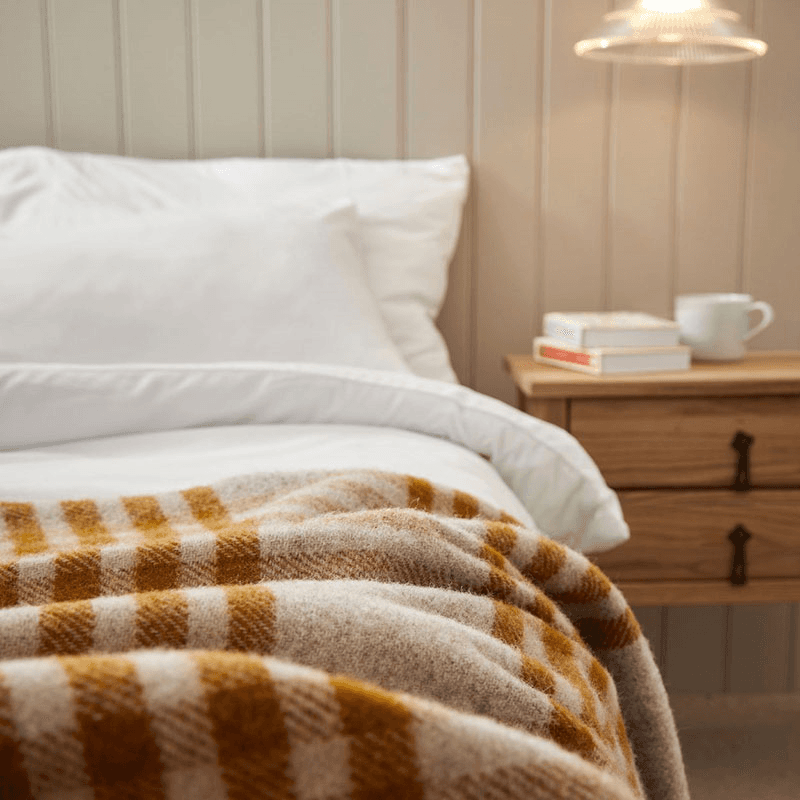 Hex Check Pure New Wool Throw, 150 x 240cm, English Mustard