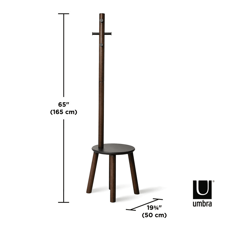 Pillar Coat Rack with Stool, H165cm, Black & Walnut