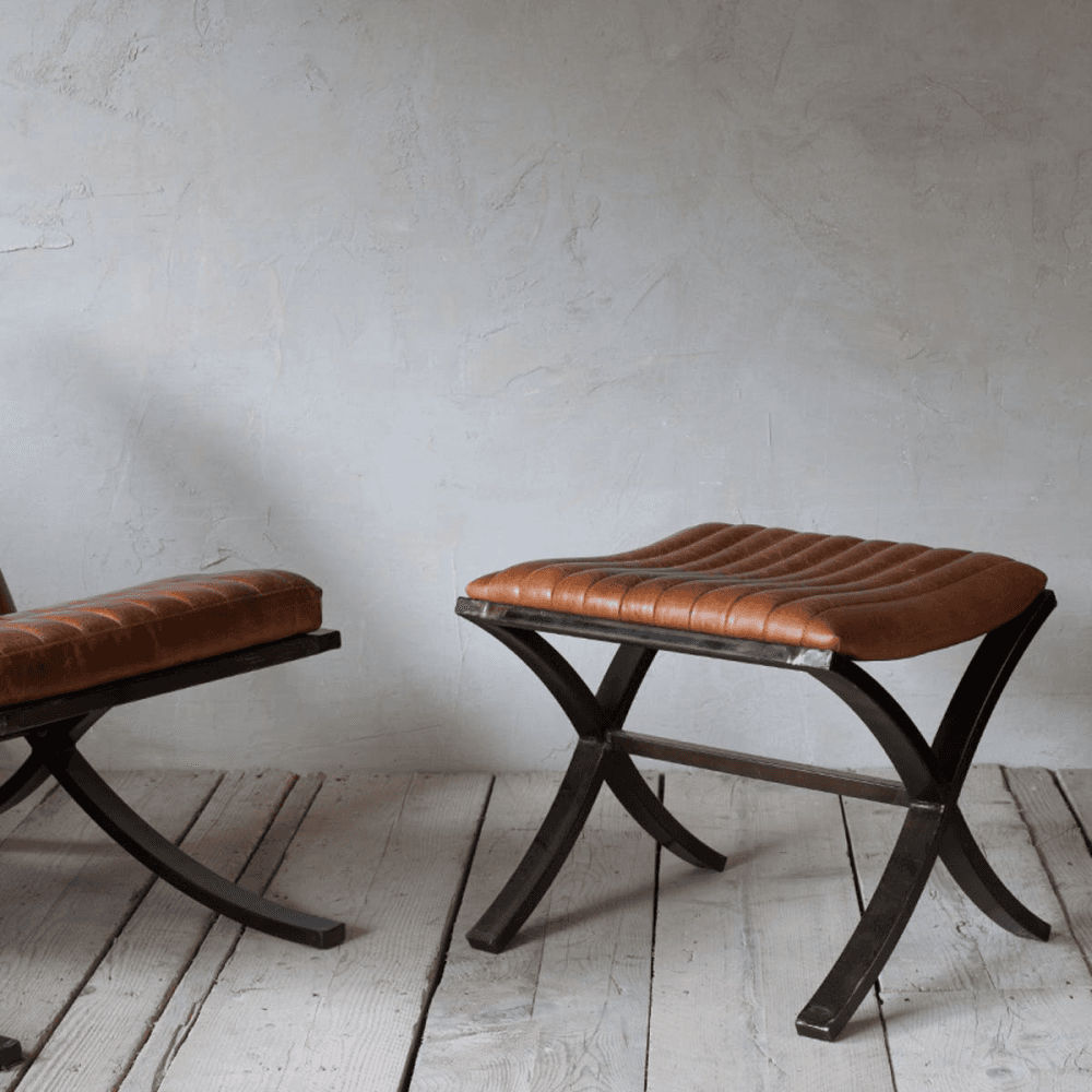 Narwana Ribbed Leather Footstool, H39 x W40cm, Tan