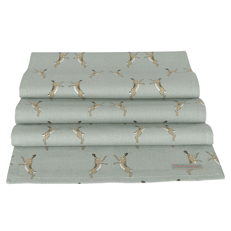 Boxing Hares Table Runner, 35 x 280cm, Duck Egg Grey