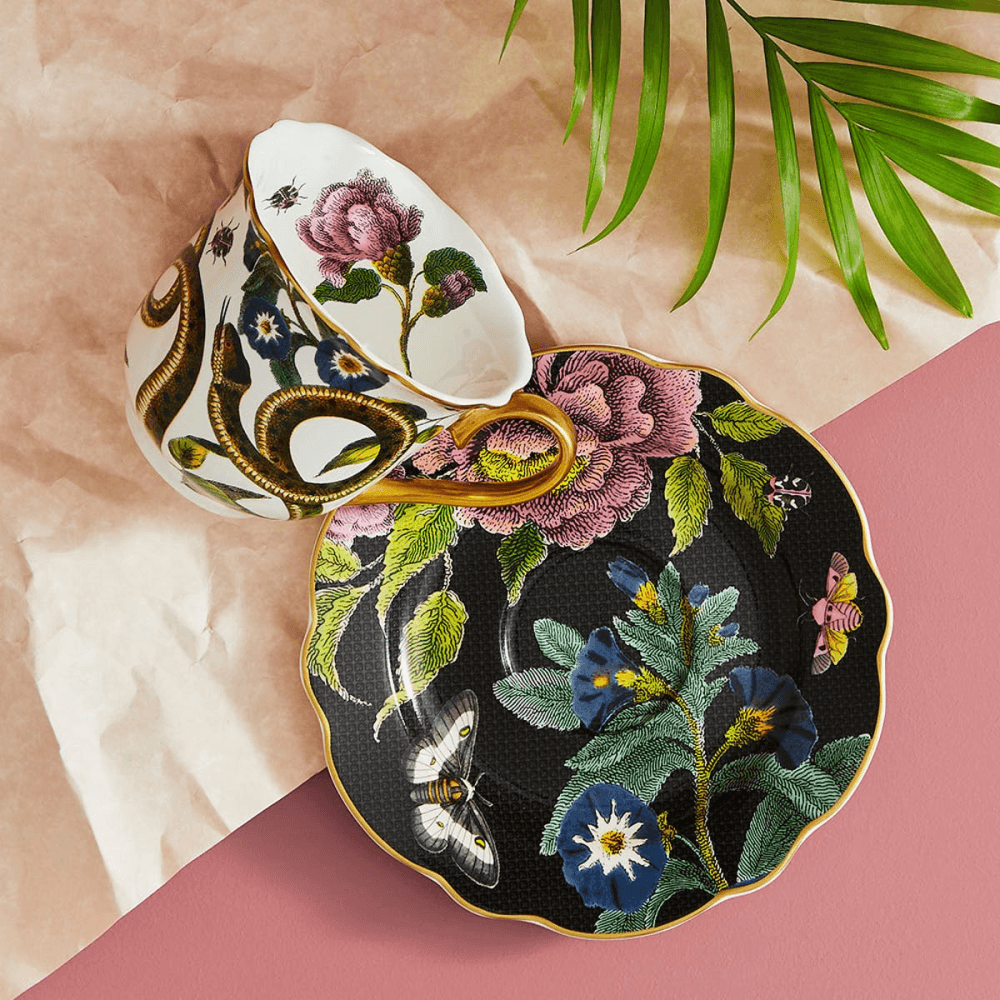 Creatures of Curiosity Tea Cup & Saucer Fluted, Black
