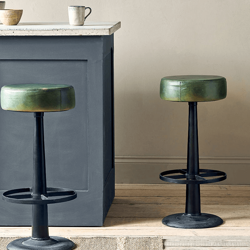 Narwana Round Leather Stool, Rich Green