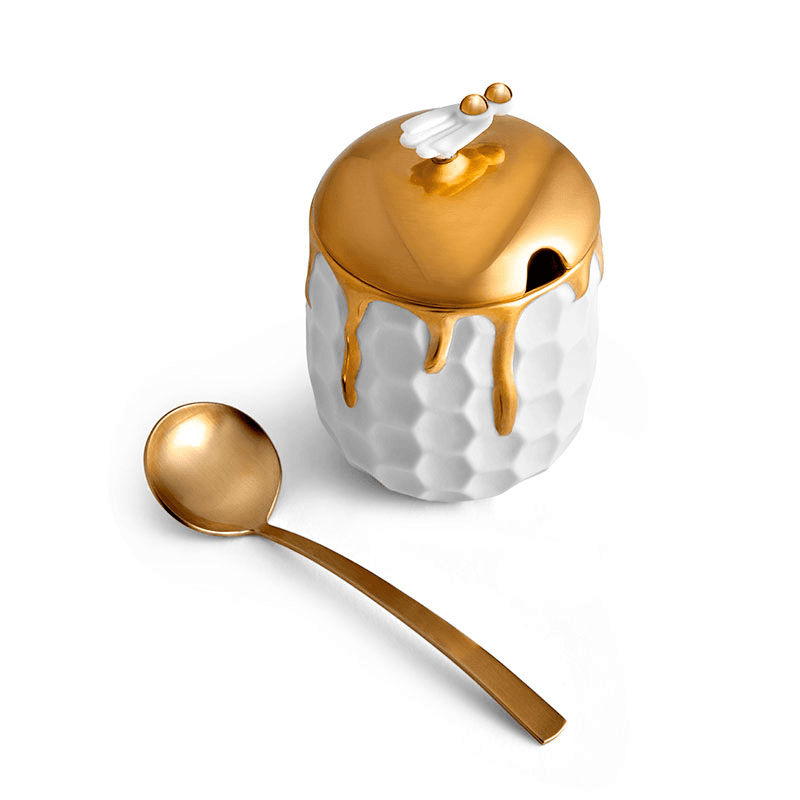 Beehive Honeypot, 230ml, White & Gold