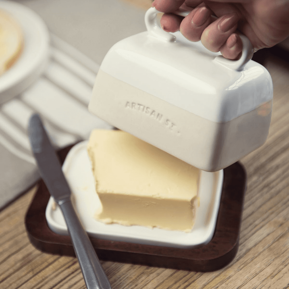 Butter dish set, L18 x W12.5 x H11 cm, Stoneware / Wood
