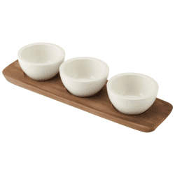 Image showing the Artesano Set of 3 dip bowls on wooden tray, White product.