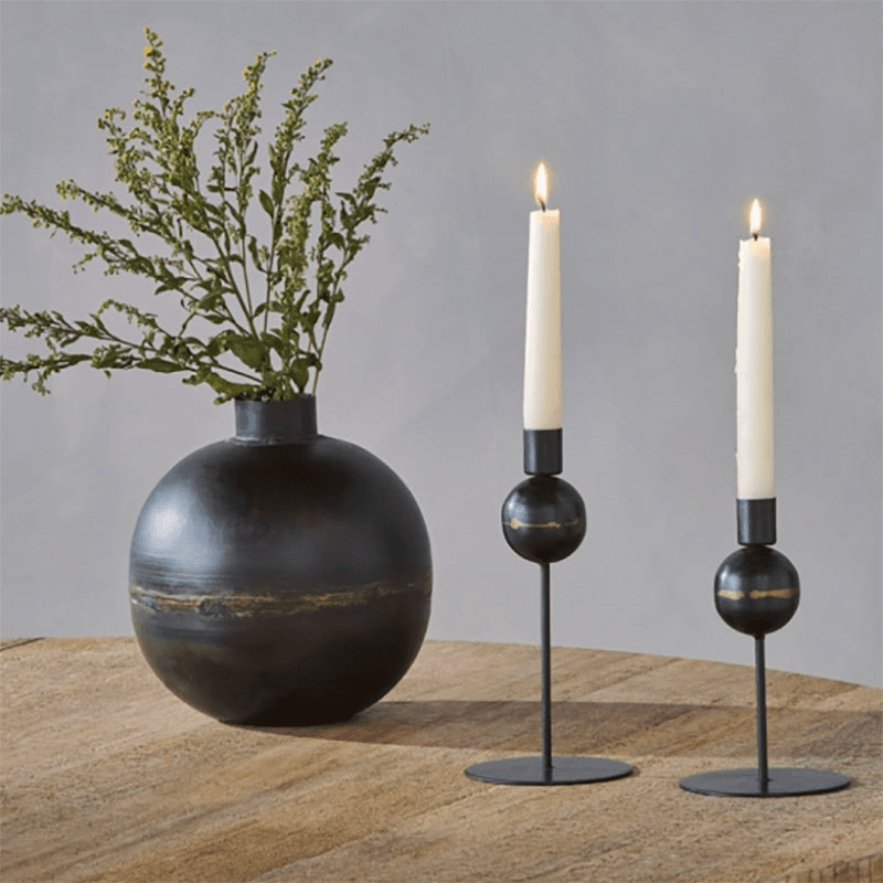 Endo Set of 2 Recycled Iron Candle Holders, Black