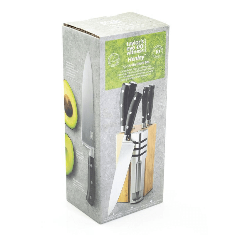 Henley 5 Piece Kitchen Knife & Block Set With Detachable 3-Stage Knife Sharpener, Bamboo