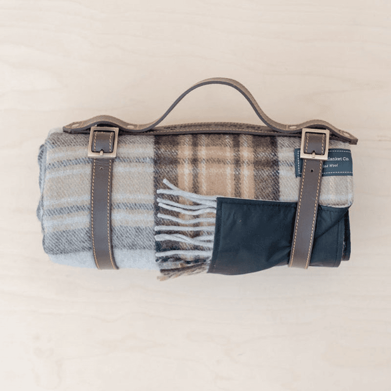 Recycled Wool Picnic Blanket with Brown Leather Carrier, 140 x 190cm, Mackellar Tartan