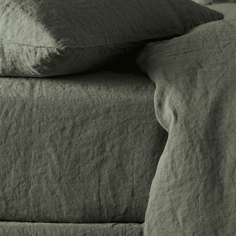 Linen Fitted Sheet, King, Olive Green