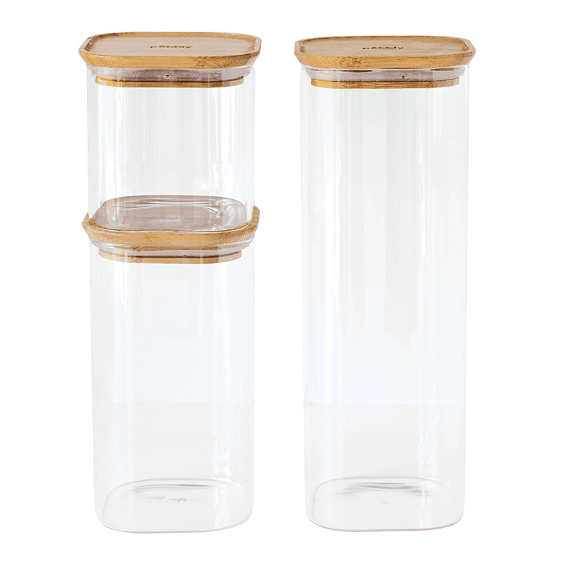 Glass Set of 3 Square Storage Containers, Bamboo
