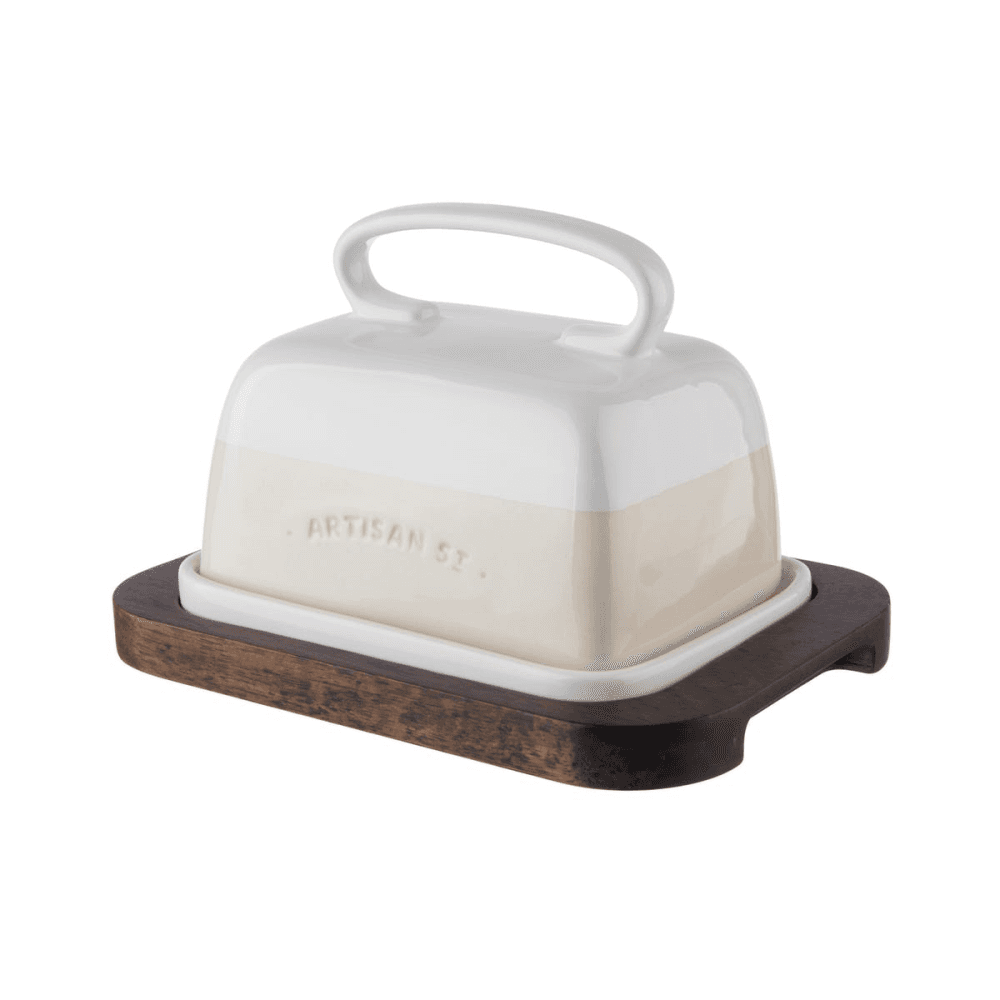 Butter dish set, L18 x W12.5 x H11 cm, Stoneware / Wood