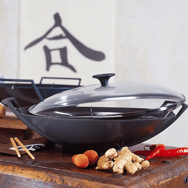 Cast Iron Wok with glass lid, 36cm, Satin Black
