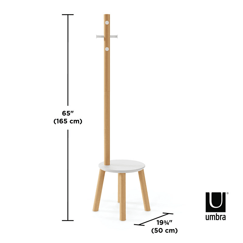 Pillar Coat Rack with Stool, H165cm, White & Natural