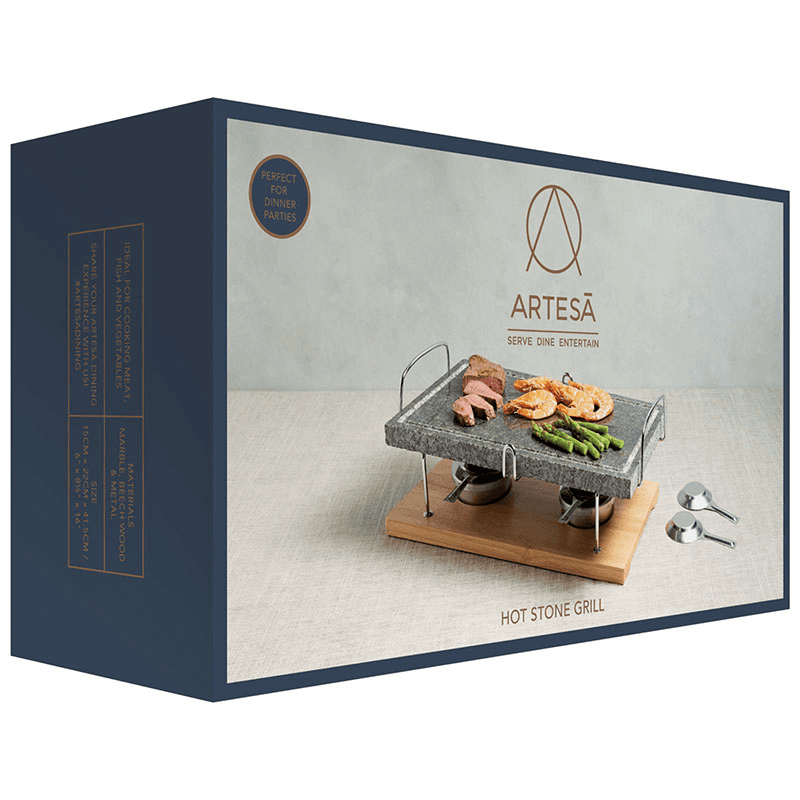 Hot stone grill set, 42 x 22 x 15cm, marble with wooden base