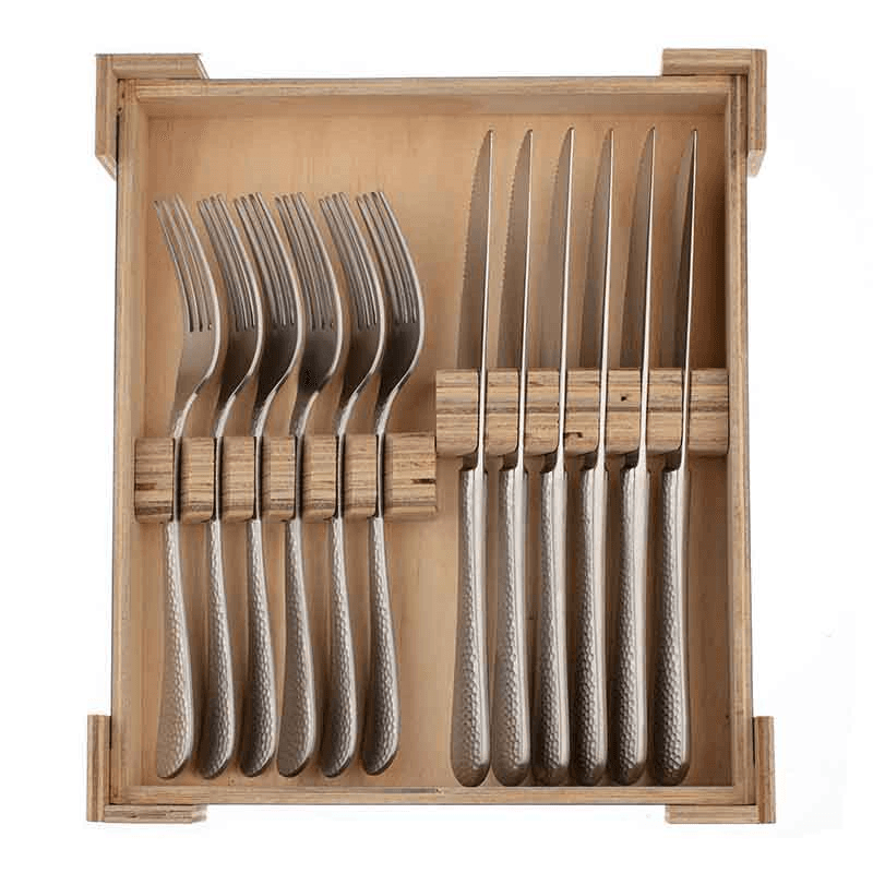 Planish 12 Piece Steak Set, Hammered Satin Finish